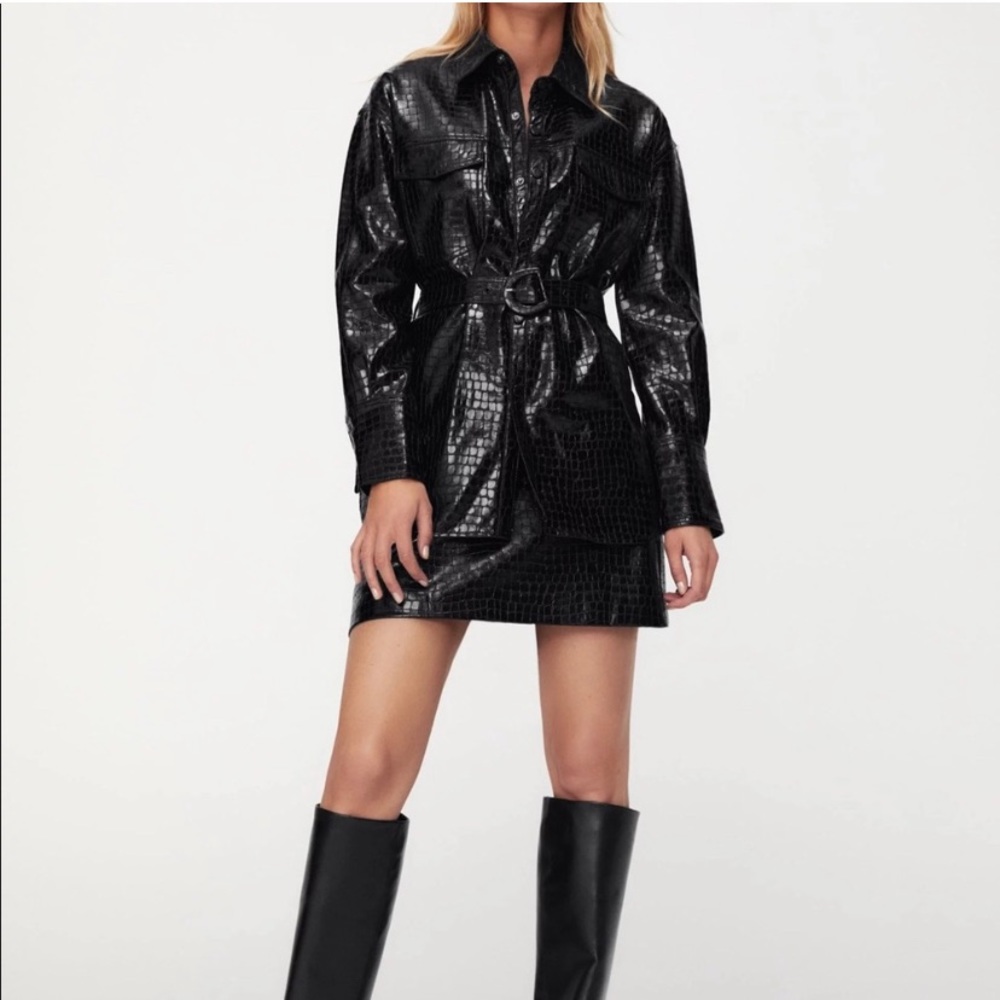 Zara black faux leather shirt jacket